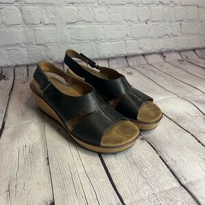 Clarks Rosamund Dune Black Nubuck Leather Wedge Cork Sandals